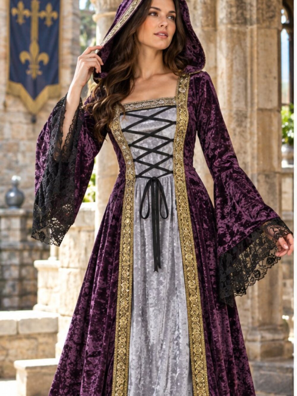 Renaissance Costume Dress - Medieval Hooded Gown - Purple Velvet-Look Dress sz L